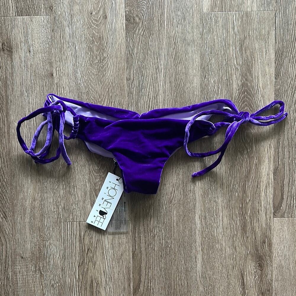 NWT HoneyBee Swim Velvet Ruched Side Tie Bikini Bottom Purple XL